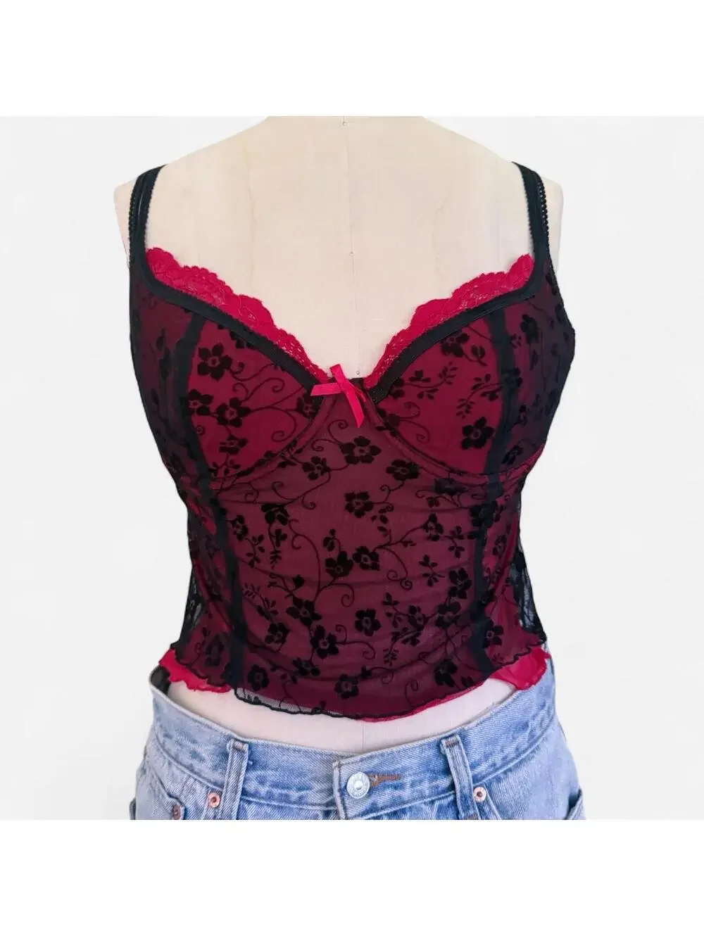 Vintage Y2K Red Black Floral Lace Bustier Corset Top in Burgundy